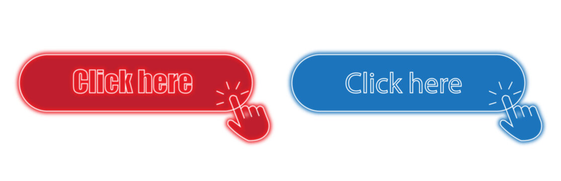 Set of two click here buttons in red and blue with a hand cursor icon