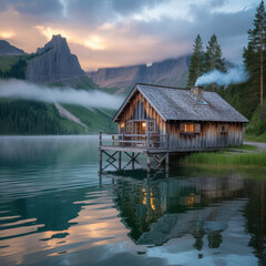 Fototapeta premium Rustic wooden cabin on a calm lake with misty mountains at sunset water reflection