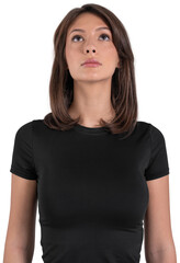 Fototapeta premium Young woman with straight brown hair looking upward, wearing a short-sleeved shirt, isolated on transparent background, concept of thinking or hope