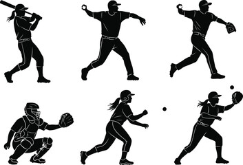 Silhouette baseball and softball players vector illustration set showing batting, pitching, catching, and fielding poses, sports training, athletic teamwork concept, isolated design