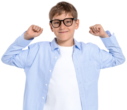 Cheerful boy wearing glasses and a striped shirt smiling with arms raised confidently, isolated on transparent background, concept of success and joy