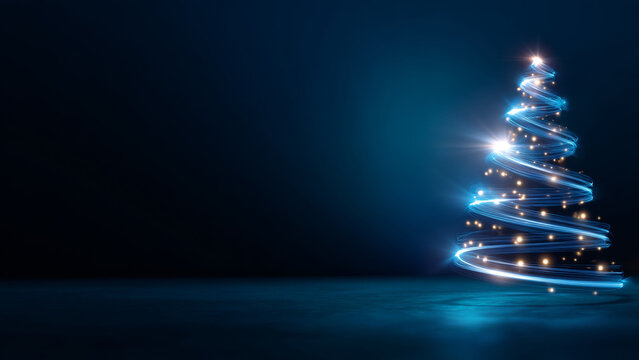 Abstract Christmas tree made of glowing blue light trails and golden particles. Modern holiday celebration banner for winter season.