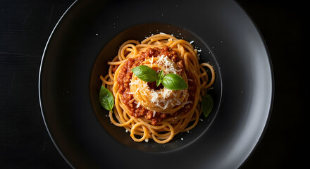 Spaghetti Bolognese with Parmesan Cheese and Fresh Basil on Black Plate
