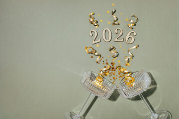 New Year 2026 festive celebration  toast with golden numbers in champagne crystal glasses top view.
