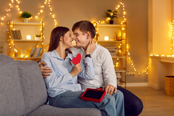 Loving young beautiful people, couple in love, boy and girl happy romantic emotion in Valentine...