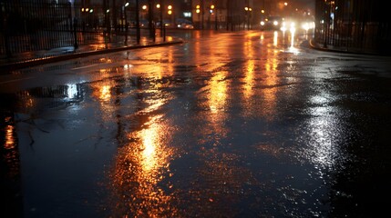 City street pavement gleams with intense orange and white light reflections after a heavy rain shower at night.