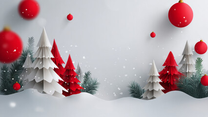 Beautiful christmas winter landscape with red abstract tree, white tree and hanging red ornament ball. Holiday background for winter