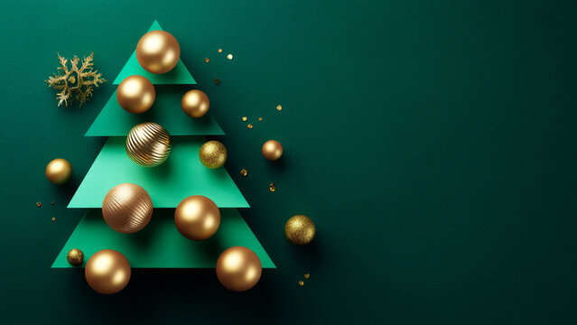 Abstract green geometric Christmas tree with golden ornament and snowflake decoration. Minimalist new year holiday design for greeting card or banner.