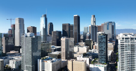 Aerial drone view of downtown Los Angeles. American dream LA cityscape. Iconic urban view of America. California LA city skyline. Modern metropolis in USA. LA dream city. LA skyscrapers from top.