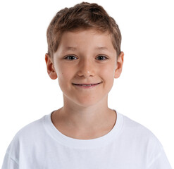 Happy young boy smiling in a close-up portrait, realistic photo style, isolated on transparent background. Concept of childhood joy and innocence © ImageFlow