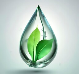 3D render of transparent water droplet with green leaf texture inside, symbolizing eco technology, clean energy, and sustainable innovation