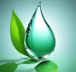 3D render of transparent water droplet with green leaf texture inside, symbolizing eco technology, clean energy, and sustainable innovation