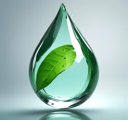 3D render of transparent water droplet with green leaf texture inside, symbolizing eco technology, clean energy, and sustainable innovation