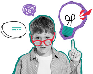 Child with red glasses looking surprised, pointing at a light bulb sketch, collage graphic style, isolated on transparent background, idea concept
