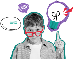 Child with red glasses looking surprised, pointing at a light bulb sketch, collage graphic style, isolated on transparent background, idea concept