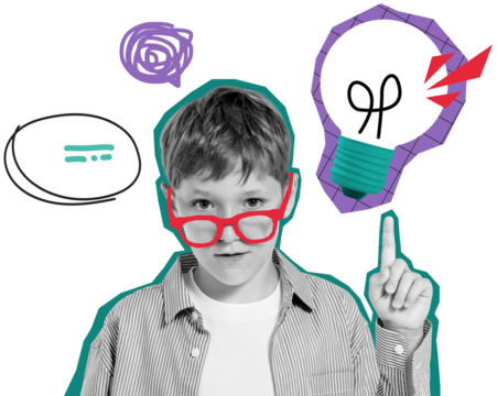 Child with red glasses looking surprised, pointing at a light bulb sketch, collage graphic style, isolated on transparent background, idea concept