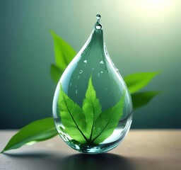 3D render of transparent water droplet with green leaf texture inside, symbolizing eco technology, clean energy, and sustainable innovation
