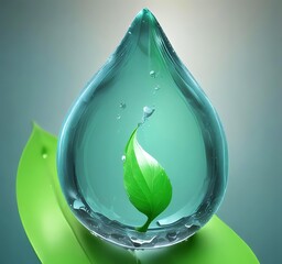 3D render of transparent water droplet with green leaf texture inside, symbolizing eco technology, clean energy, and sustainable innovation