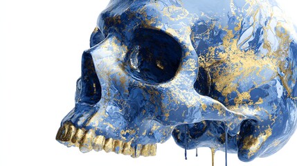 Ornate human skull sculpture features an intricate blue and gold marbled texture with dripping liquid