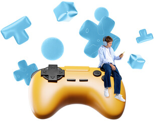 Boy wearing headphones sits on a large yellow game controller, checking phone, surrounded by soft blue inflated shapes, isolated on transparent background