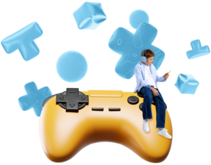 Boy wearing headphones sits on a large yellow game controller, checking phone, surrounded by soft blue inflated shapes, isolated on transparent background
