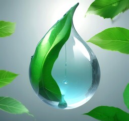 3D render of transparent water droplet with green leaf texture inside, symbolizing eco technology, clean energy, and sustainable innovation