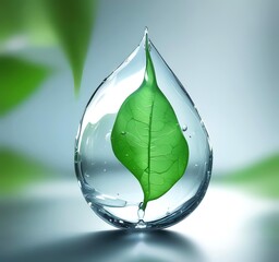 3D render of transparent water droplet with green leaf texture inside, symbolizing eco technology, clean energy, and sustainable innovation