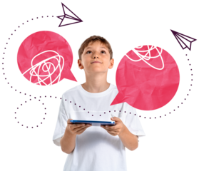 Young boy looking upward with tablet in hands, surrounded by pink abstract speech bubbles and paper planes, on white background, concept of social network