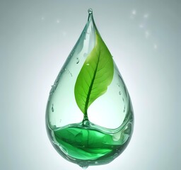 3D render of transparent water droplet with green leaf texture inside, symbolizing eco technology, clean energy, and sustainable innovation