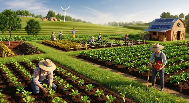 Sustainable Organic Farming Community Working in a Lush Green Field.