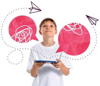 Young boy looking upward with tablet in hands, surrounded by pink abstract speech bubbles and paper planes, on white background, concept of social network