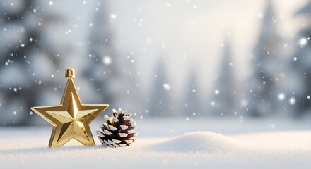 Golden star ornament with pine cone on snowy winter background, glowing Christmas light scene