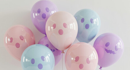 Colorful balloons with smiling faces in pastel shades on white background  
