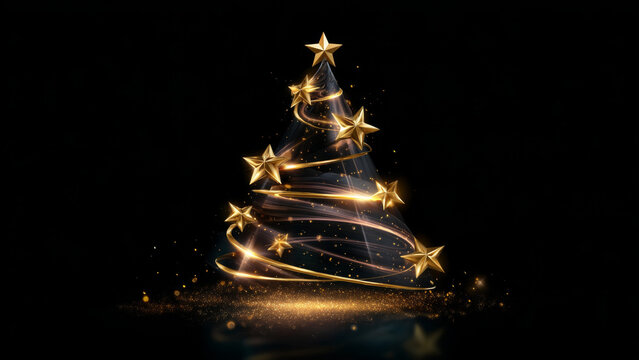 Abstract Christmas tree made of gold stars and shimmering light on a dark background. Festive holiday decoration for a greeting card design.