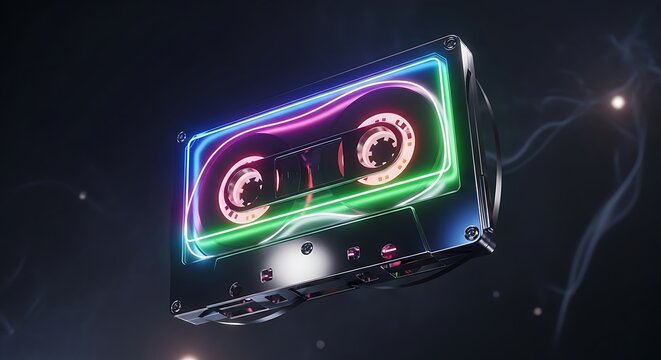 Retro Cassette Tape Glowing Neon Lights in Cosmic Space.