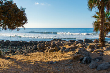 group of surfers, practising together 