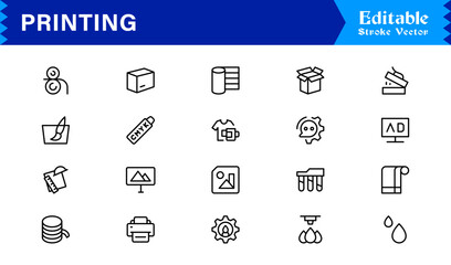 Unique Printing Industry Line Icon Collection Featuring Minimal, Professional, and Modern Vector Symbols, Perfect for Creative Projects, Clean and Simple Design Pack
