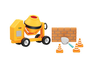Construction Cement Mixer and Bricks icon 3d render illustration
