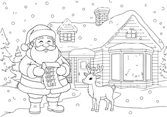 Charming Christmas Eve scene coloring page featuring Santa Claus reading his list with a reindeer outside a snow-covered house, ideal for festive holiday creativity and relaxation