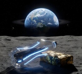 plastic bottle brick gold ore lunar surface earth globe moon sky pollution