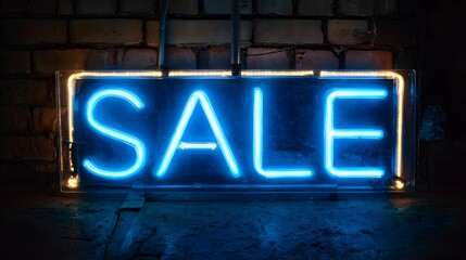 Bright blue neon sign illuminates the word 'sale' against a dark brick background
