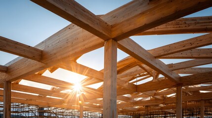 Massive wooden structural framework glows under bright sunlight during construction