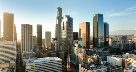 Modern cityscape of Los Angeles, California. Drone view of Los Angeles. Panoramic photo of downtown LA skyline. Los Angeles financial district with skyscrapers. Aerial panorama of Los Angeles city.