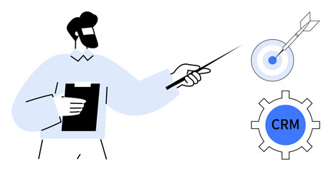 Person with clipboard pointing at target and CRM gear icons emphasizing strategy, precision, and teamwork. Ideal for business, sales, marketing, training, management, organization productivity