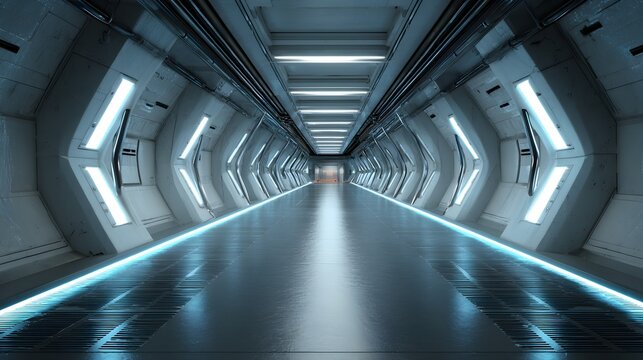 Illuminated futuristic corridor with repeating geometric wall panels stretches into the distance
