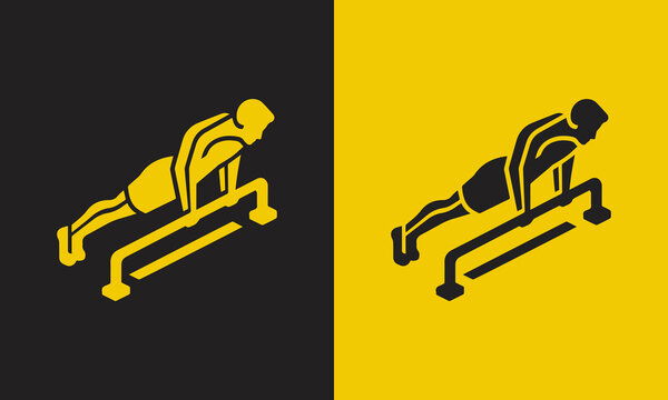 Athletic man performing a dip exercise on parallel bars in a split yellow and black background