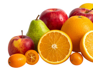 Set of fresh ripe colorful fruits collection isolated on white background, including orange, apple, lemon, grape, peach, pear, plum, grapefruit, and kiwi