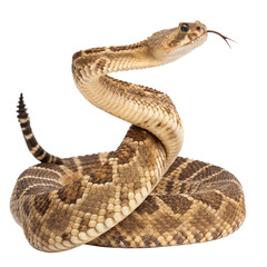 A rattlesnake coils with its head raised, showcasing its distinctive scales and alertness isolated on transparent background