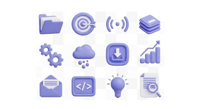 Collection of 3d purple icons for digital and business use