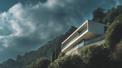 Obraz premium Modern contemporary residence featuring minimalist design built into a verdant, forested hillside under dramatic clouds